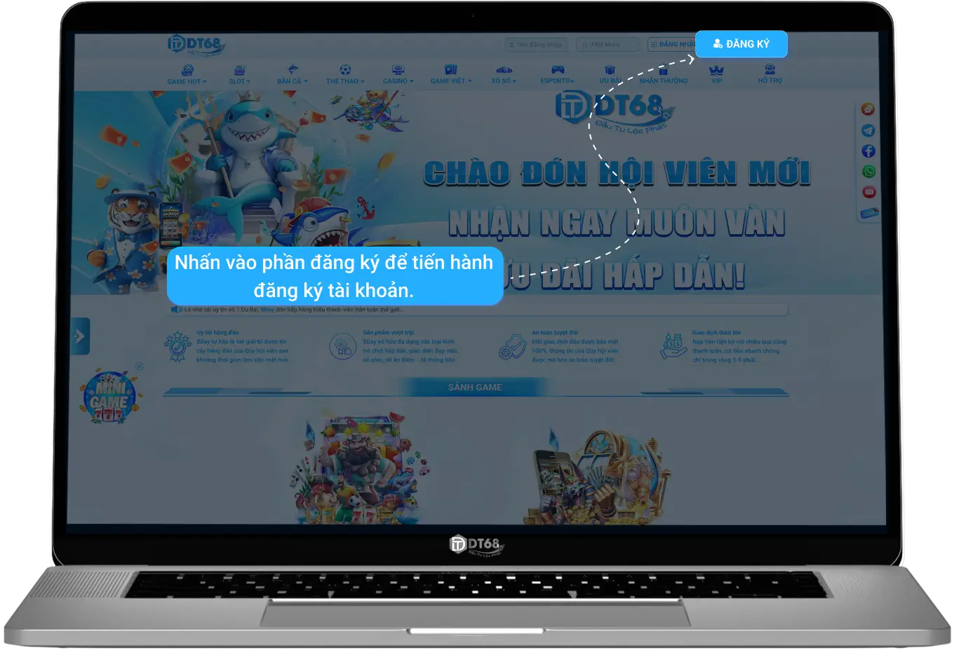 Giao diện máy tính để bàn đăng ký tài khoản DT68