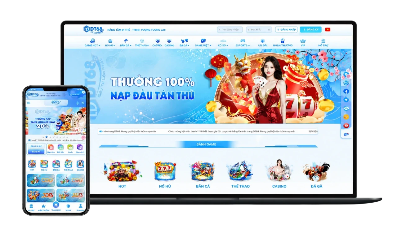 Trang chủ chính thức của DT68 - Ảnh chụp màn hình trên điện thoại và máy tính